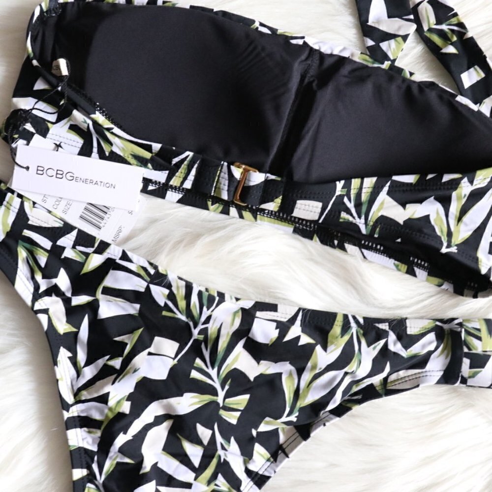 NEW BCBGeneration Black White Tropical Print Bikini Bathing Suit Set Size Small - Picture 5 of 7